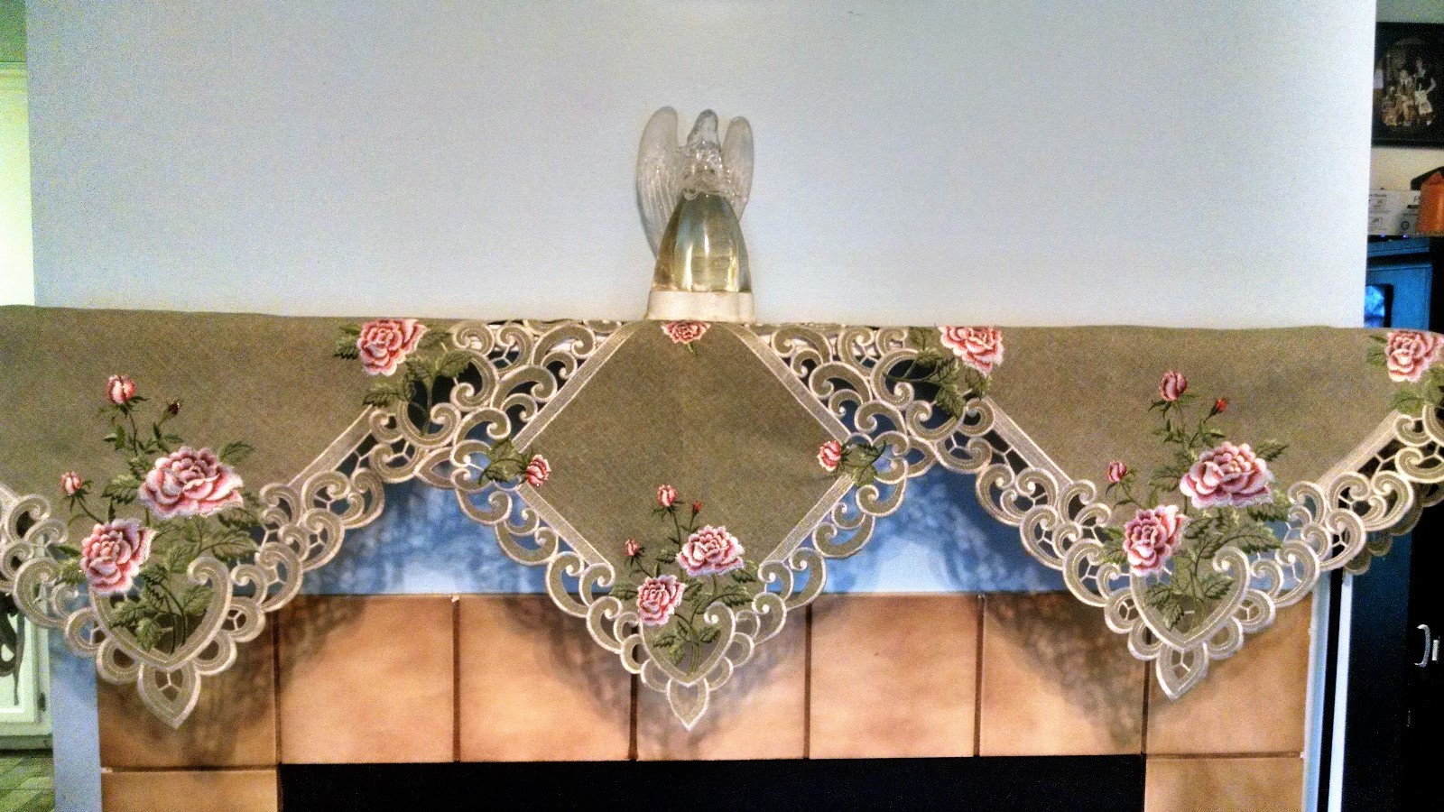 Doily Boutique Table Runner, Doily, Mantel Scarf with Pink Rose on Green Burlap