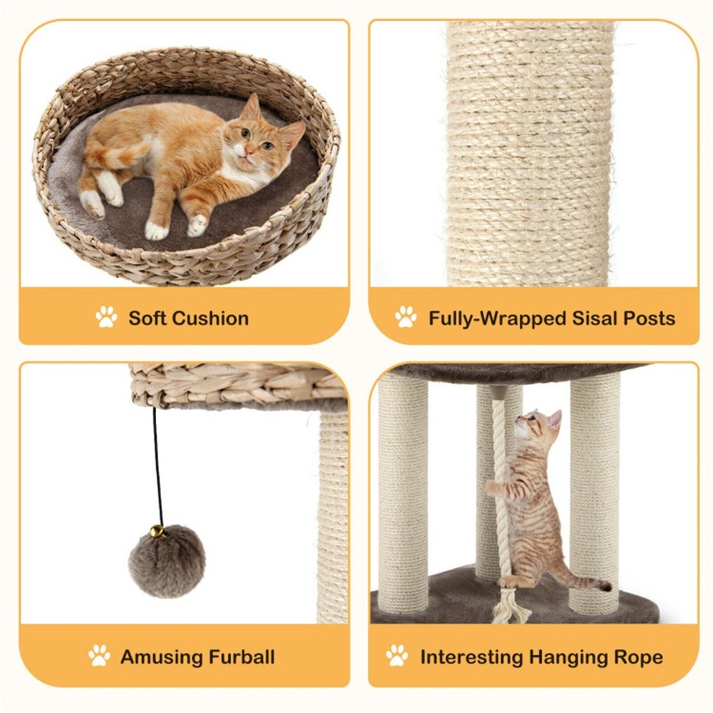 41" Water Hyacinth Cat Tree With 3 Sisal Scratching Posts Multi-Level Brown