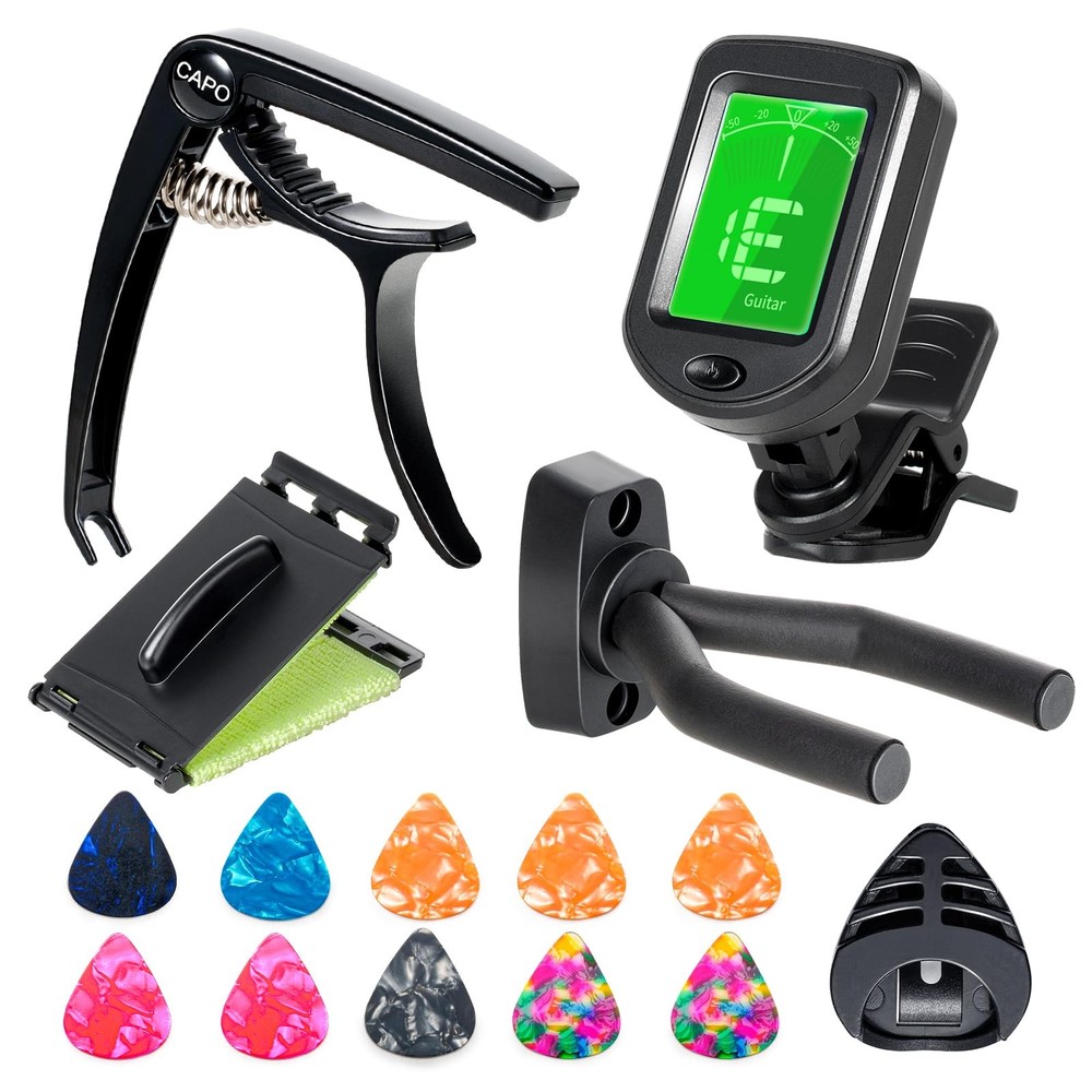 Guitar Accessories Kit - Capo, Tuner, Wall Mount Hanger, Picks, String Cleane...
