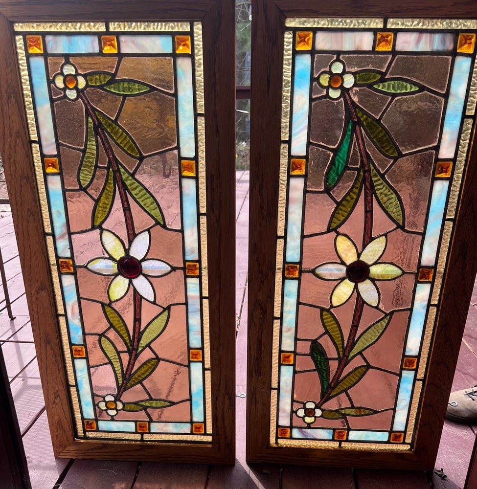 Matched pair floral stained glass windows
