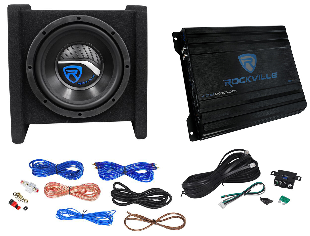 Rockville RV8.1A 400w 8" Loaded Car Subwoofer Enclosure+Mono Amplifier+Amp Kit