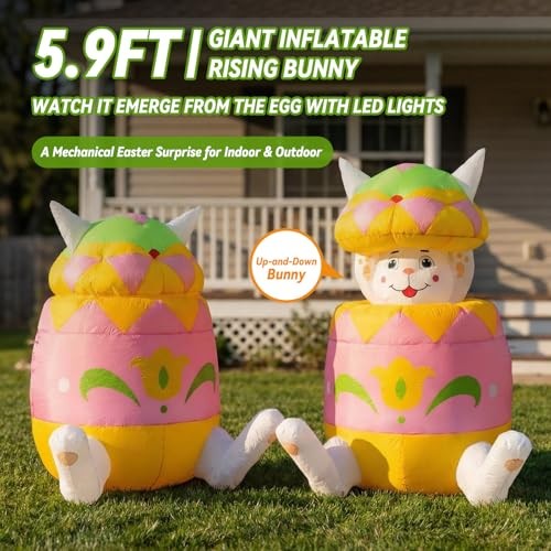 5.9FT Easter Inflatable Bunny with Pop-Up Action, Built-in Up-and-Down Bunny