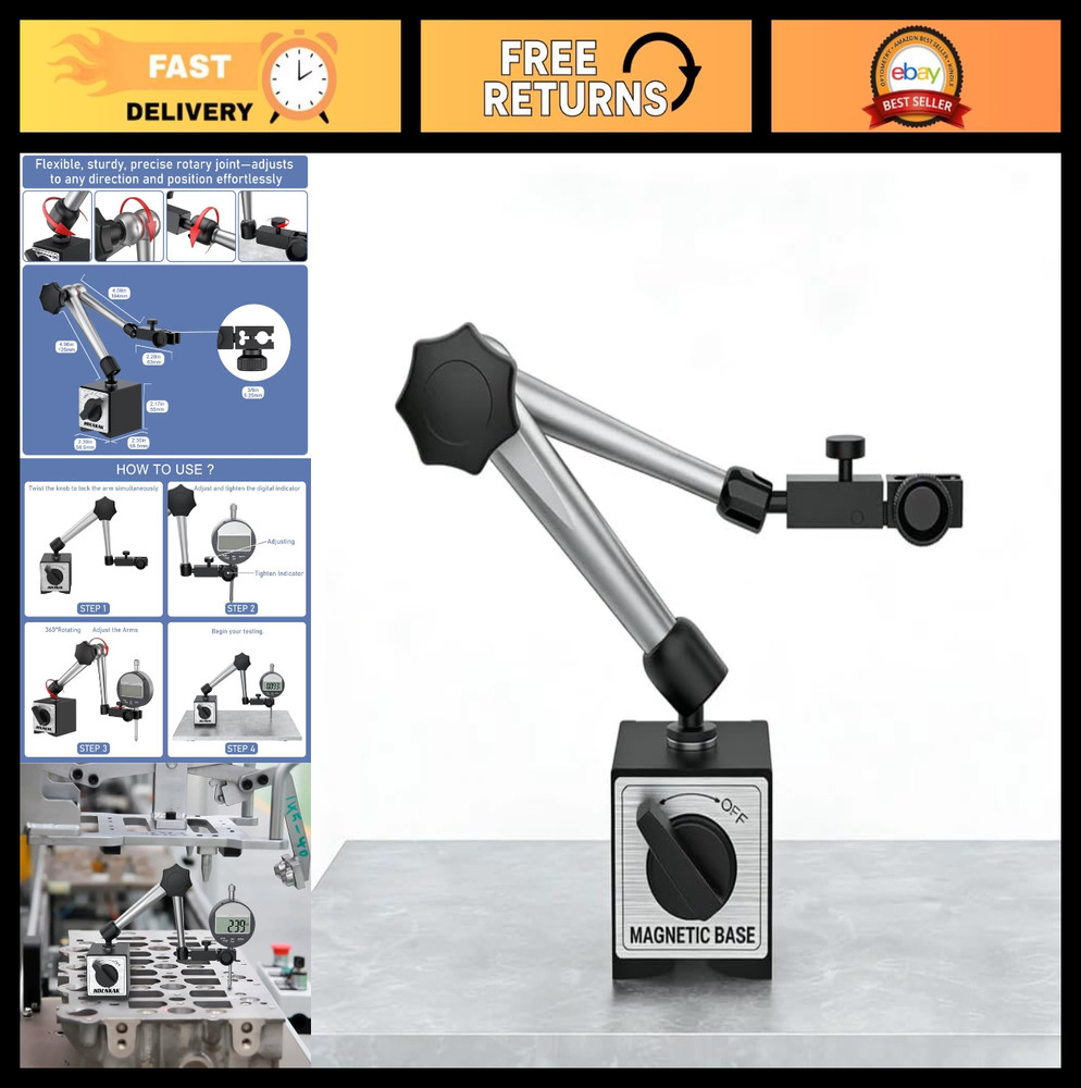 Magnetic Base Stand for Dial Indicator - 176 lbs Max Pull, Adjustable Silver