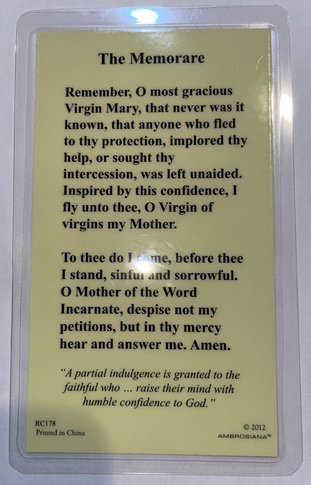 Holy Card “The Memoraré ” Prayer on Back Laminated Prayer Card