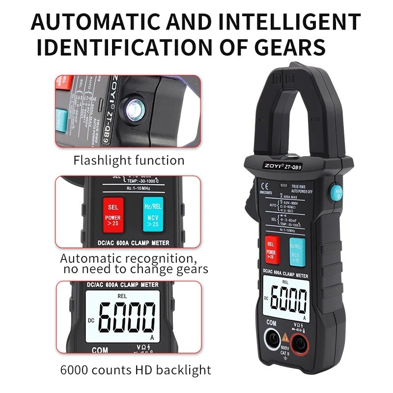 Digital Clamp Meter Professional 6000 Multimeter AC DC 600Amp Capacitance ZT-QB9