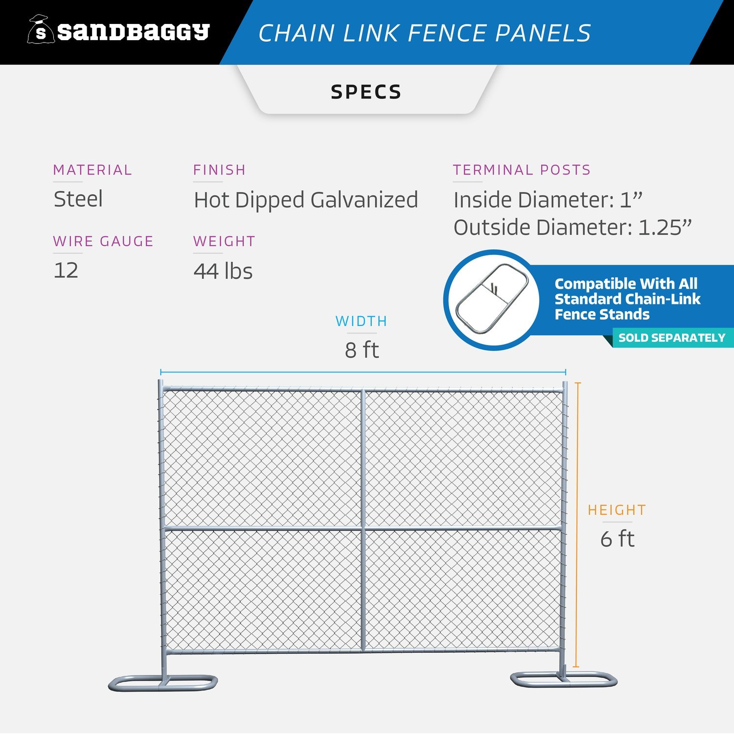 Sandbaggy 6 ft x 8 ft Temporary Chain Link Fence Panel - Galvanized [5 Qty]