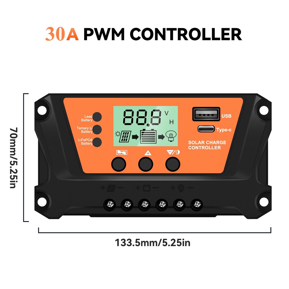 30A Solar Panel Battery Charge Controller 12V/24V LCD Regulator Auto Dual USB