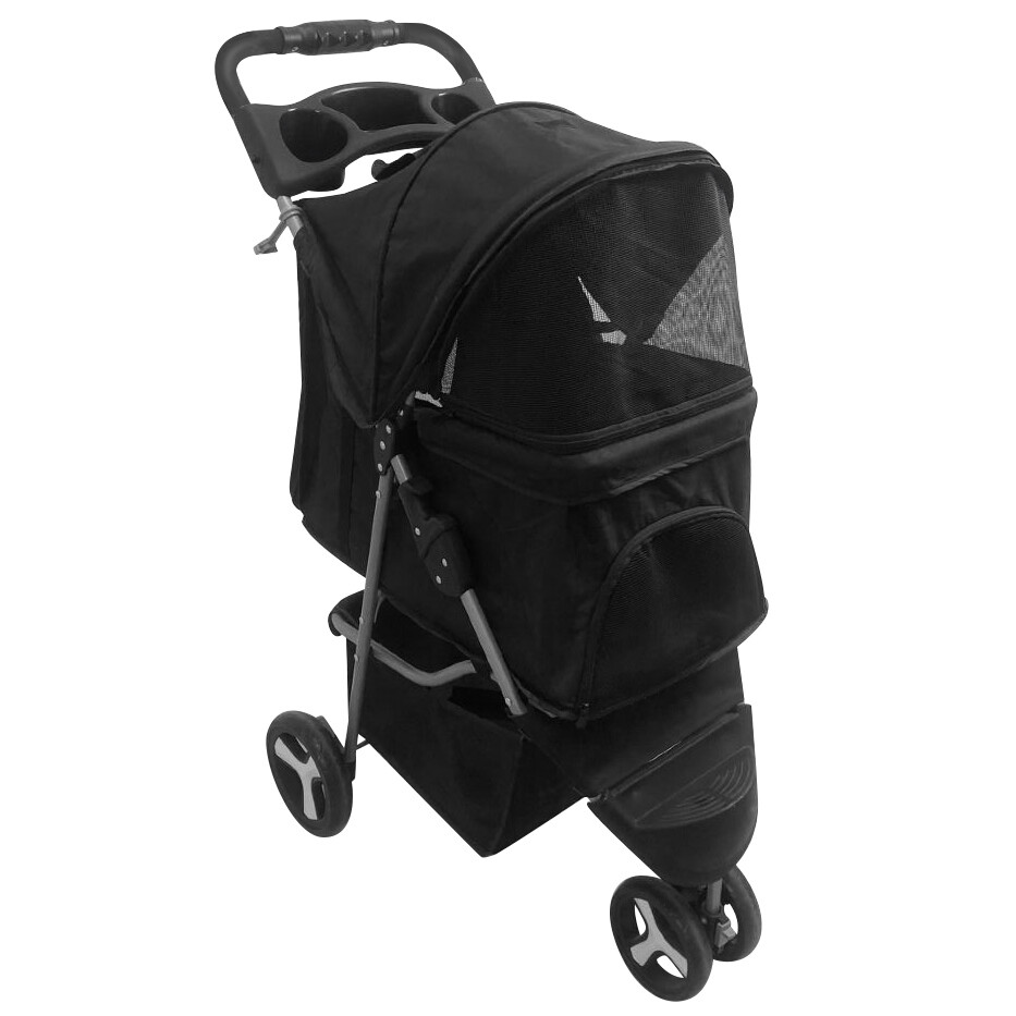 3-Wheel Pet Stroller Foldable Sunproof Breathable Mesh Window Dog Stroller Cart