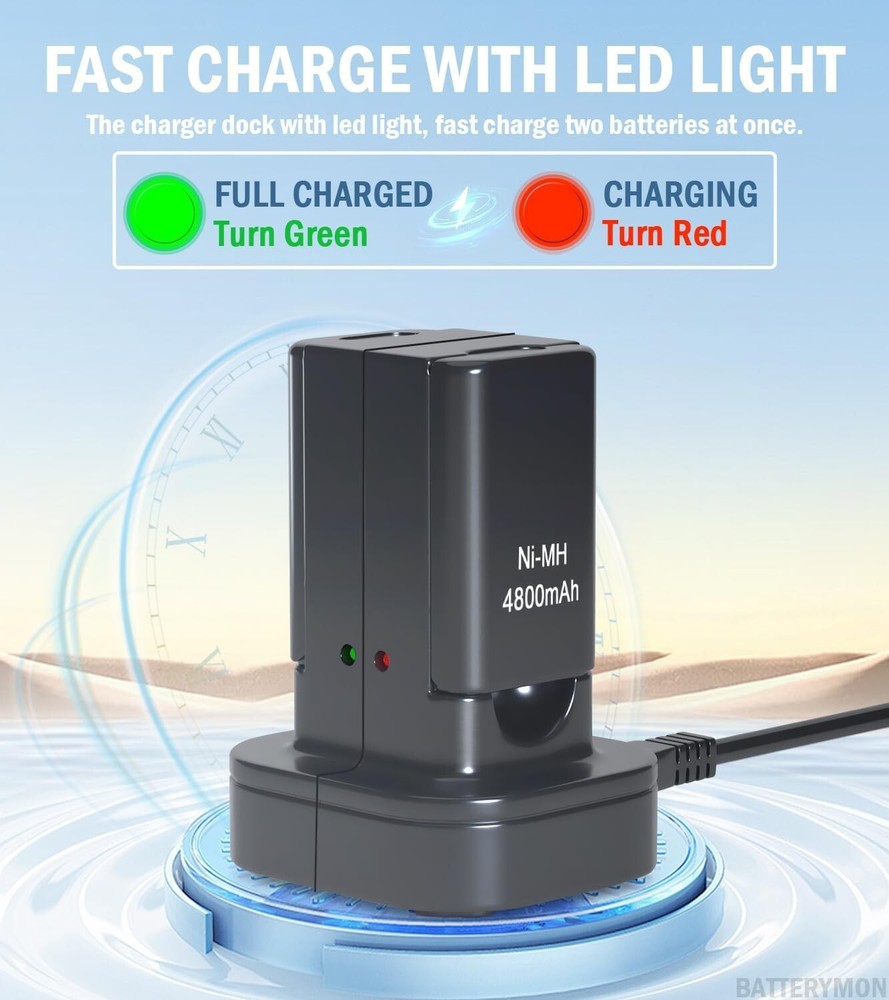 2 Battery Pack & Charger Dock For Microsoft Xbox 360 Wireless Controller Black