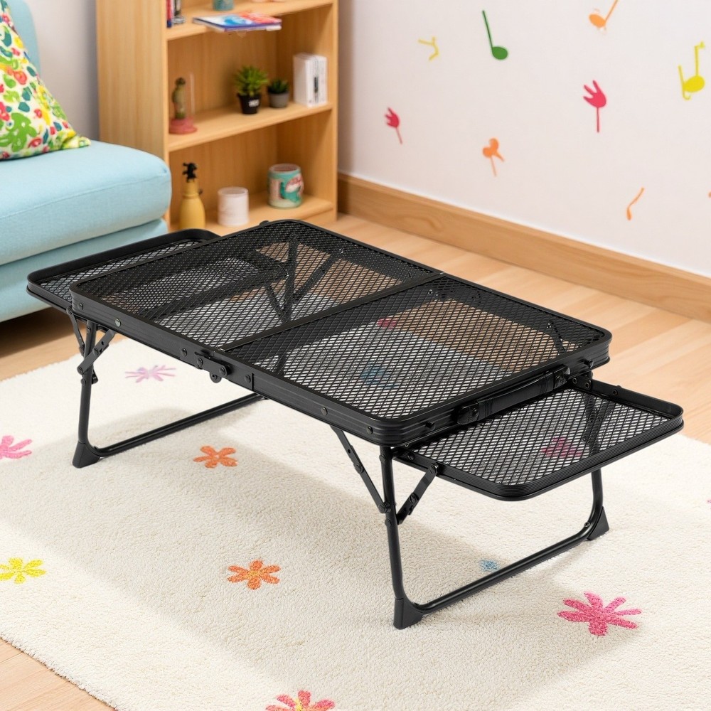 3ft Folding Camping Wire Mesh Table - Side Wings Adjustable Aluminum Frame Black