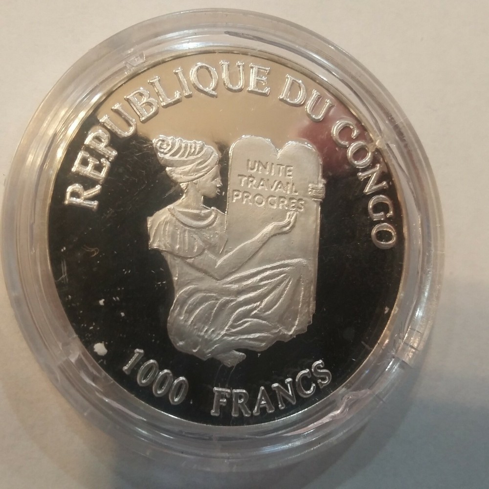 1996 Congo Large Silver Color Proof 1000 francs Giraffe