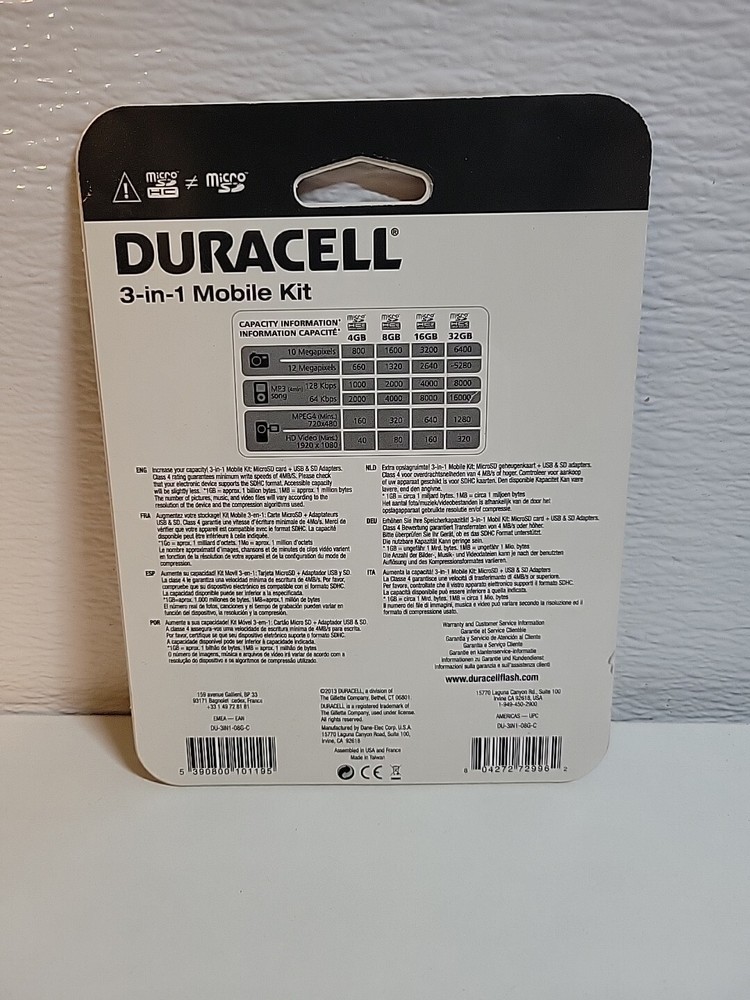 Duracell MicroSD Universal Pack 8GB MicroCard + USB + SD Adapter New Sealed