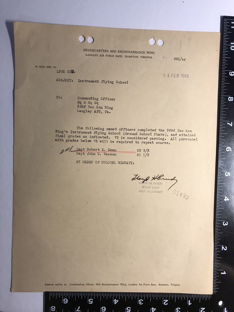 1949 Original War Dept Original WWII USAF Pilot Document Langley Air Force Base