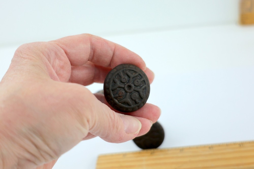 Two Antique Ornate Design 1-1/4"D Cast Iron Door Knobs with Spindle