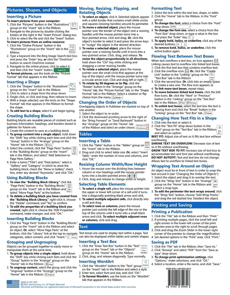 Publisher 2021 & 365 Training Guide Quick Reference Card 2 Page Cheat Sheet Help