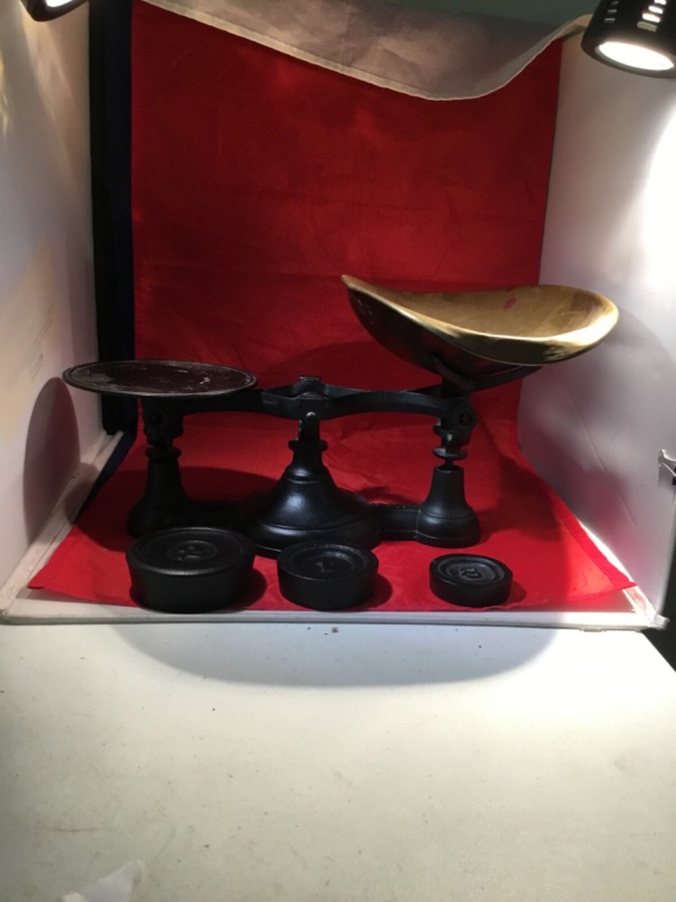 #4 antique scales with 3 weights