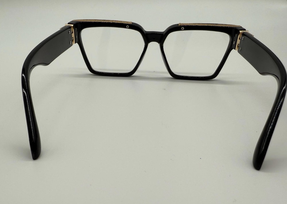 Black Designer-Inspired E Eyeglasses w/ Gold Detailing