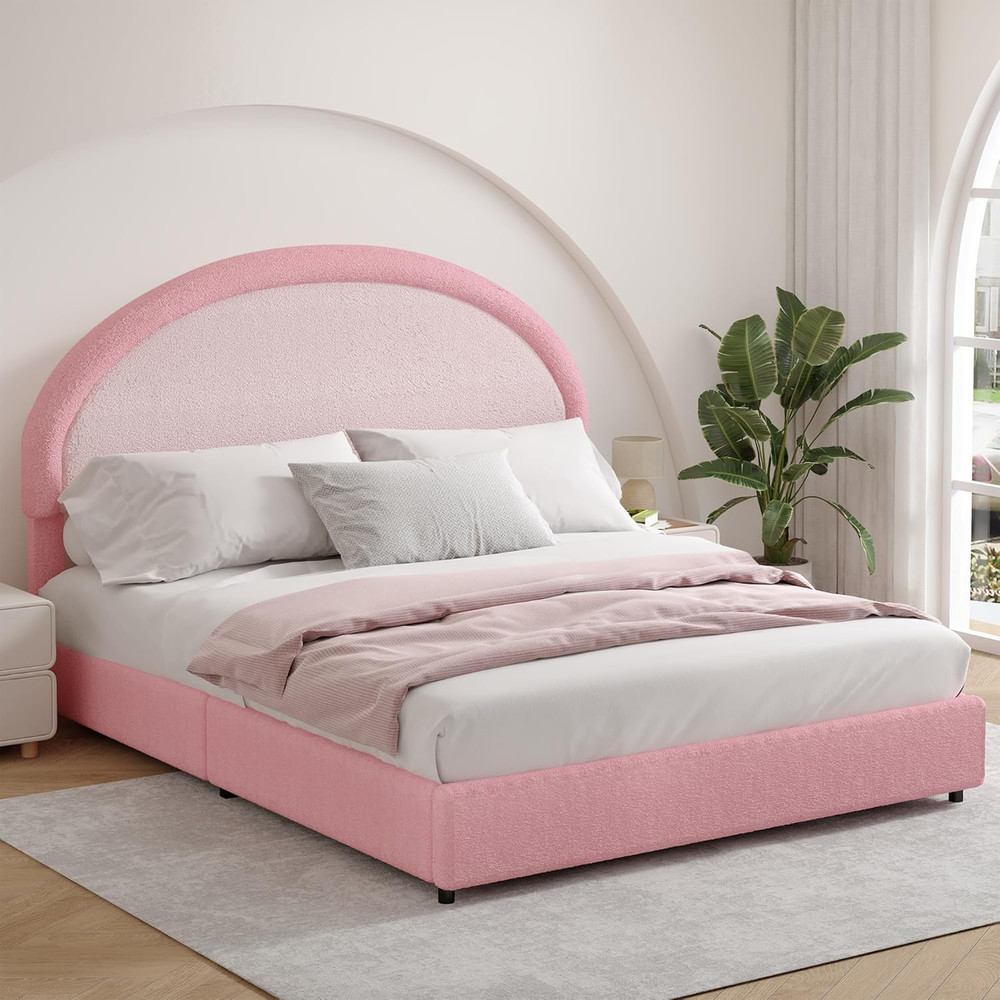Full Size Bed Frame, Boucle Upholstered Platform Bed Frame with Headboard, Pink