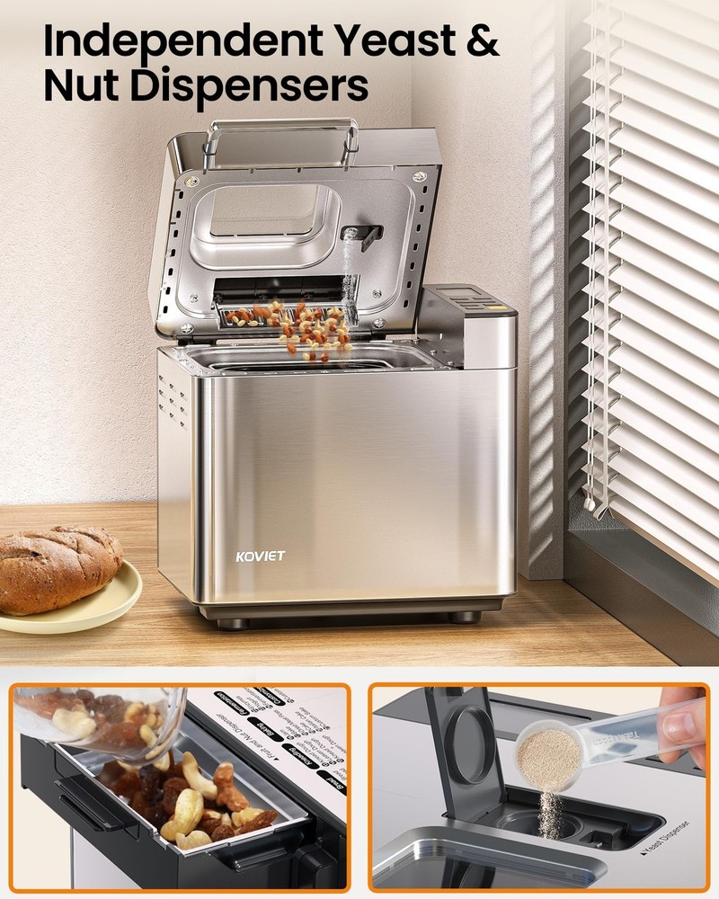 25-in-1 Bread Maker Machine with Automatic Dual Dispenser, 2LB Stainless Stee...