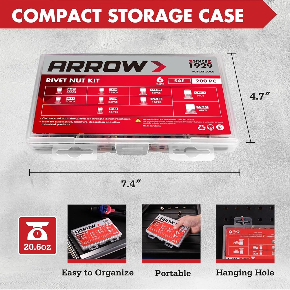 Arrow 200PC Rivet Nut Kit Rivnut Assortment Kit FlatHead Threaded Insert Nutsert