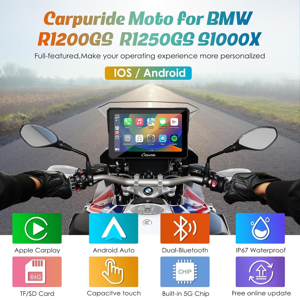 7Inch Motorcycle Navigation GPS Wireless Carplay Android Touch Screen + TPMS