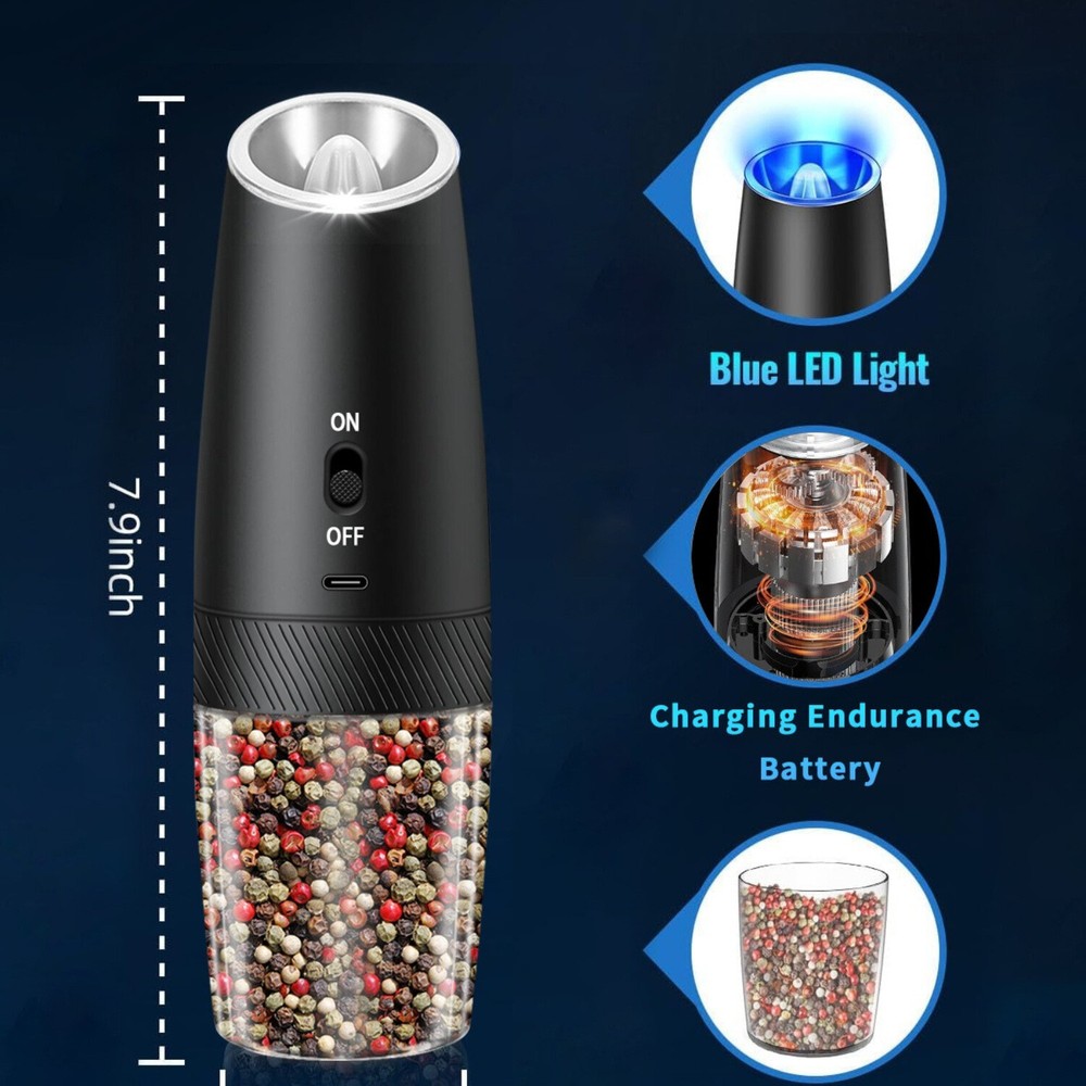 2 Pack Gravity Electric Salt and Pepper Grinder Mill Shaker Adjustable Automatic