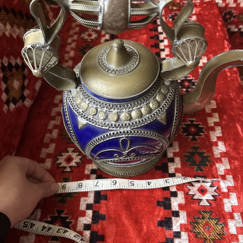 vintage Moroccan blue ceramic kettle with silver engraving