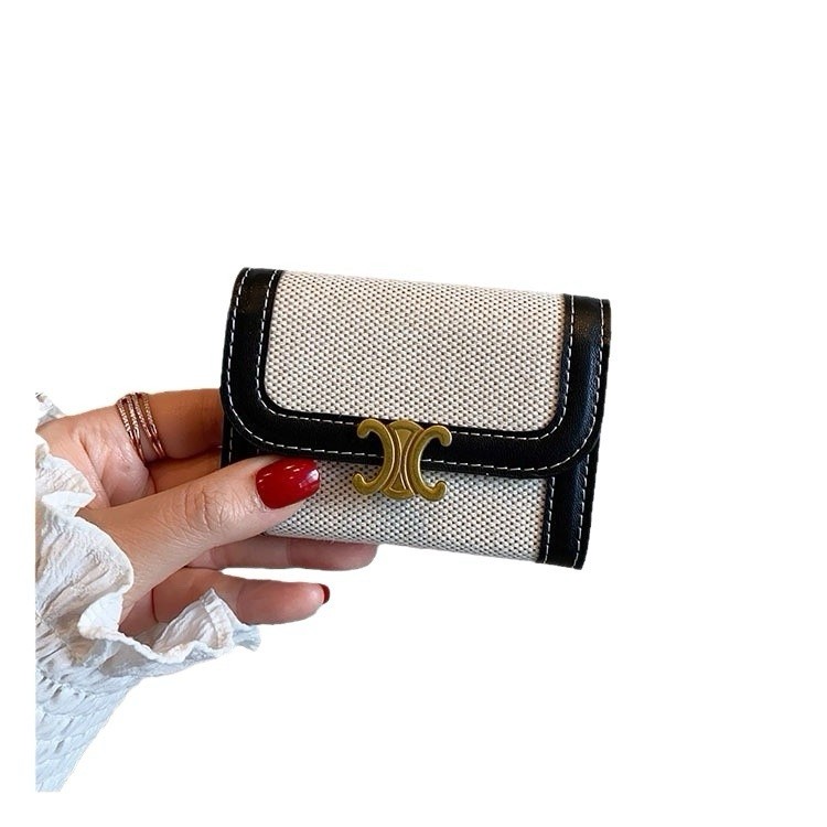 CELINE Folding Wallet Logo Accent Black White Houndstooth Pattern Women's