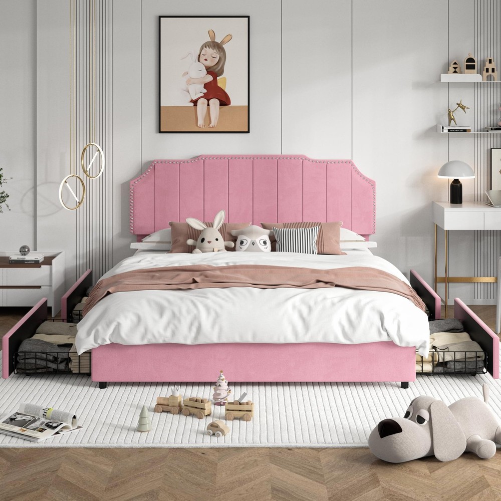 Full Bed Frame Upholstered Platform with 4 Storage Drawers & Tufted Adjustabl...
