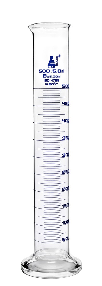 Eisco Labs 500ml Graduated Cylinder, Class B - Blue Graduations, Round Base