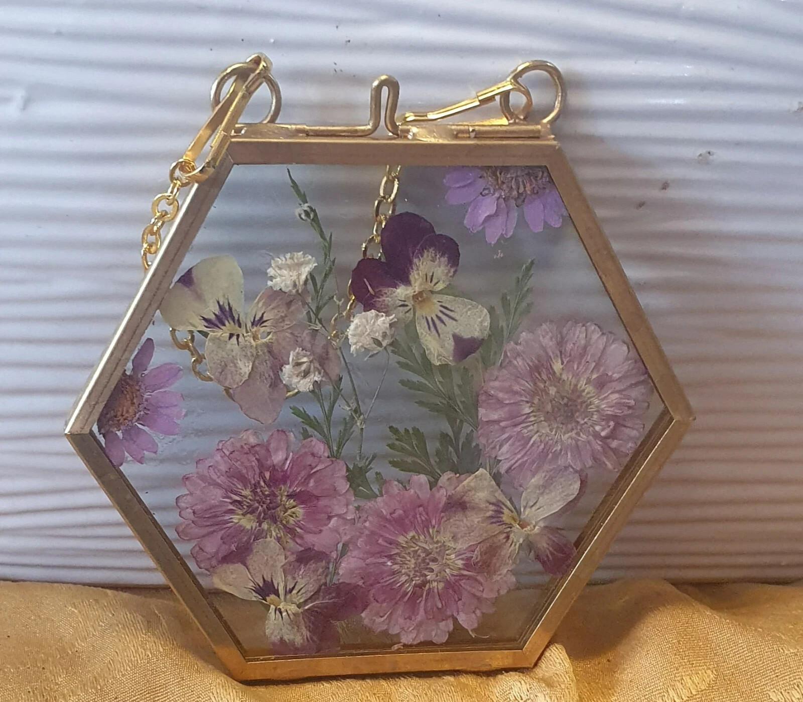 Wall Art Dried Pressed Real Flowers in Glass frame hexagon Handmade