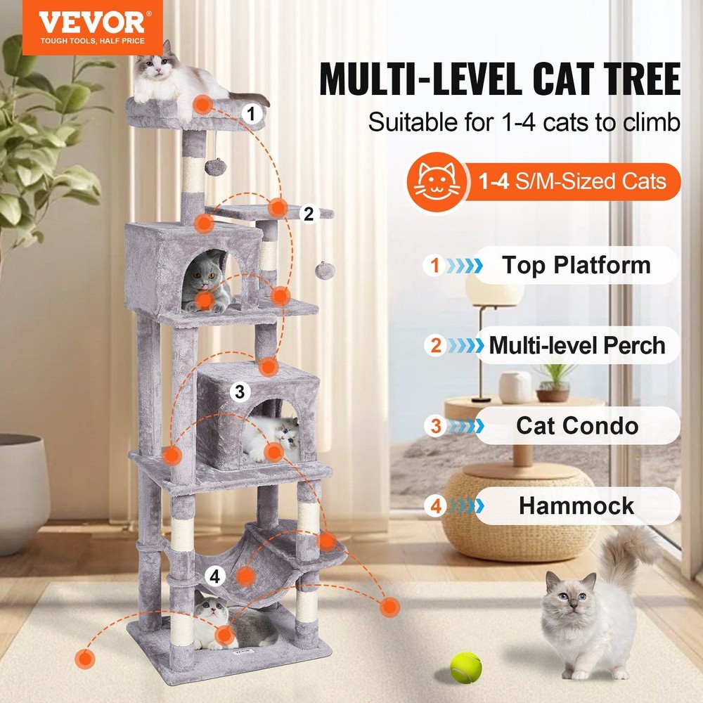 63in Space-Saving Cat Tree 2 Condos Hammock Perch Sisal Scratching Light Grey