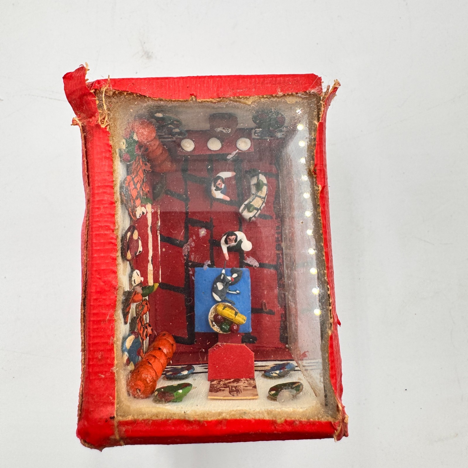 Vintage Handmade Mexican Folk Art Diorama Miniature Kitchen Scene Red Shadowbox