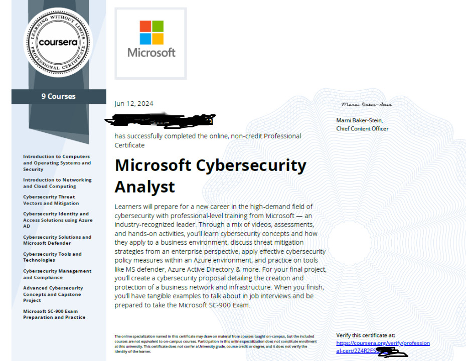 Help Complete Microsoft Cybersecurity Analyst Professional Certificate