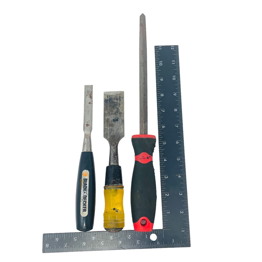 3 Pcs Black Decker and Assorted Wood Chisel Set & Square Type Hand File