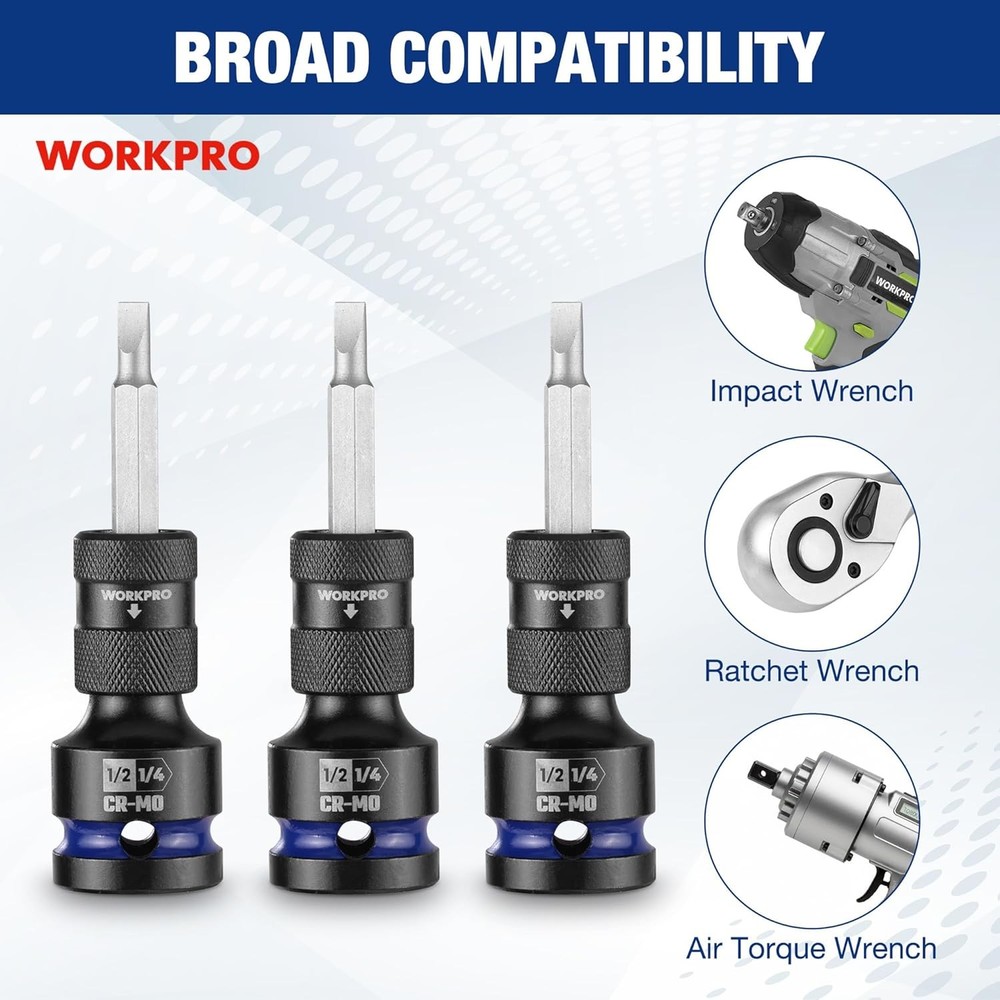 WORKPRO 1/2" to 1/4 in Hex Quick Release Square Impact Socket Adapter Bit Holder