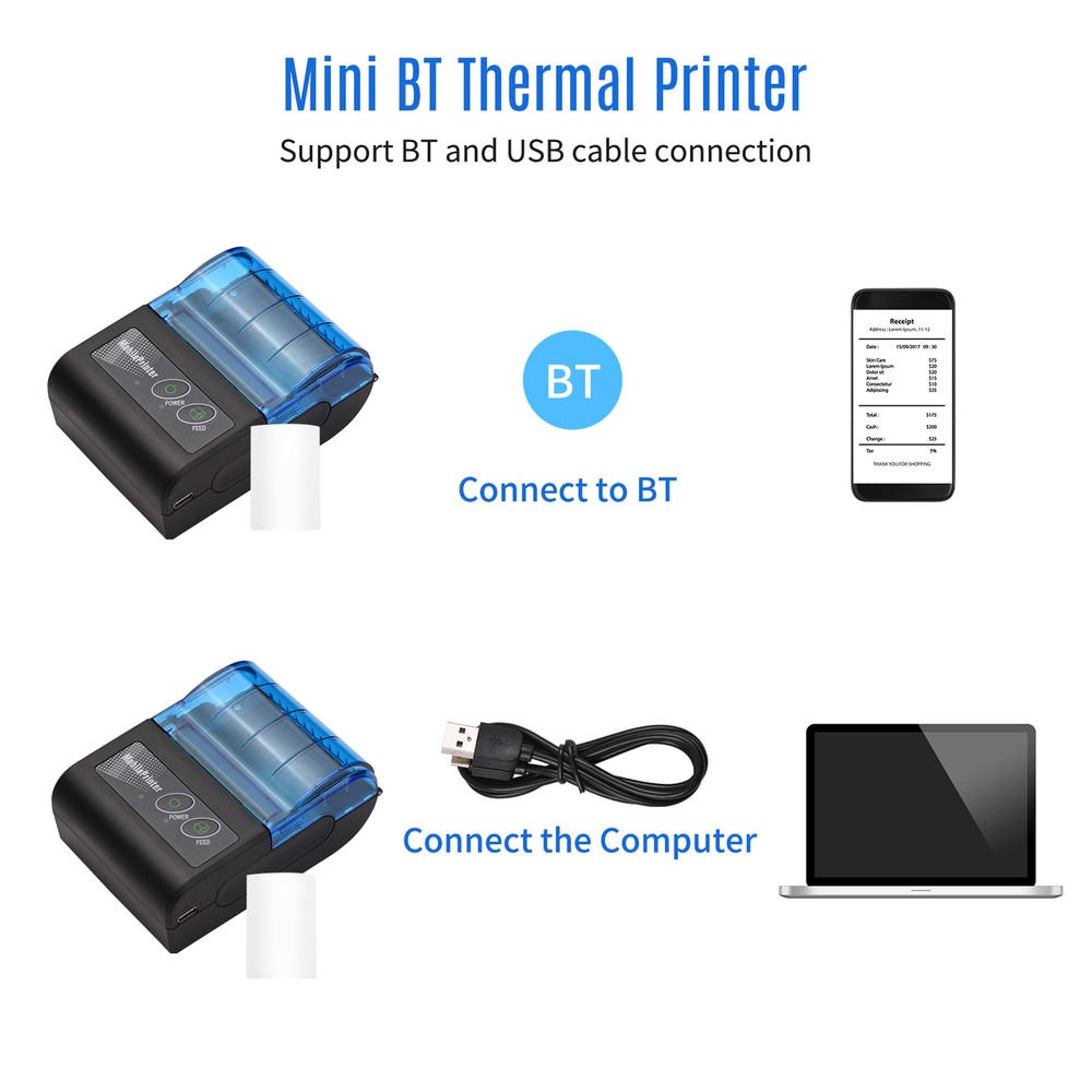 Bisofice 58mm Portable BT & USB Thermal Receipt Printer Mini Bill Ticket Printer