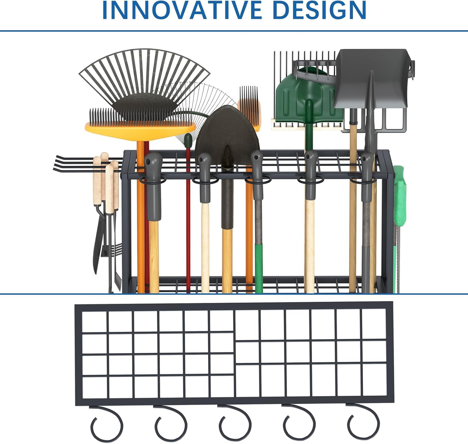 Yard Tool Storage Rack, Steel Organizer for Long-Handled Tools, Black