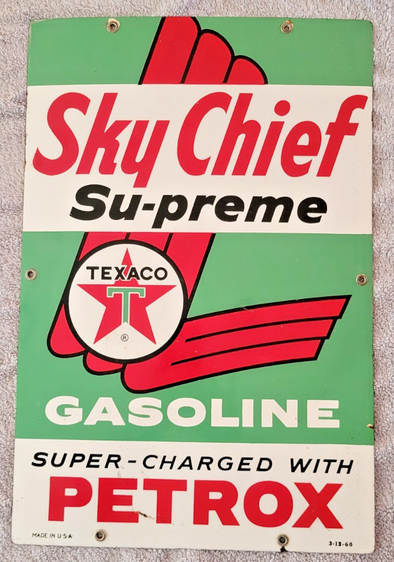 Original 1960 Sky Chief Su-preme Texaco Petrox Porcelain Sign 18" x 12"