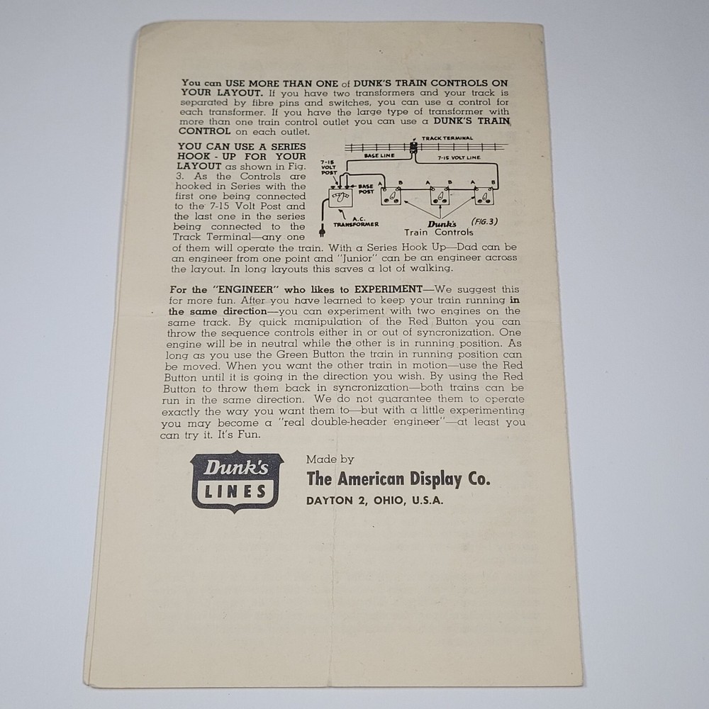 Dunks Train Control no. 100 Operating Instructions Vintage Made in USA