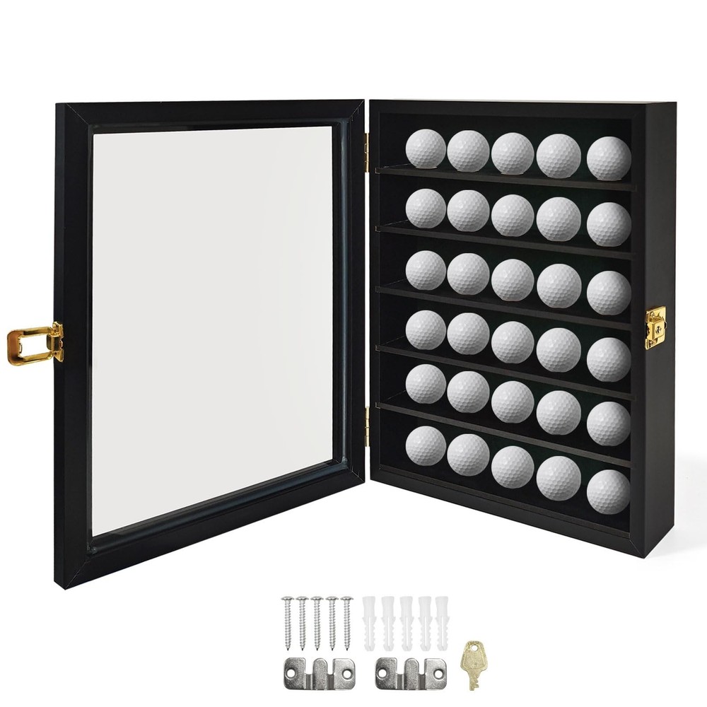 Golf Ball Display Case: Wall Mounted 30 Golf Ball Display Case Holder Solid W...