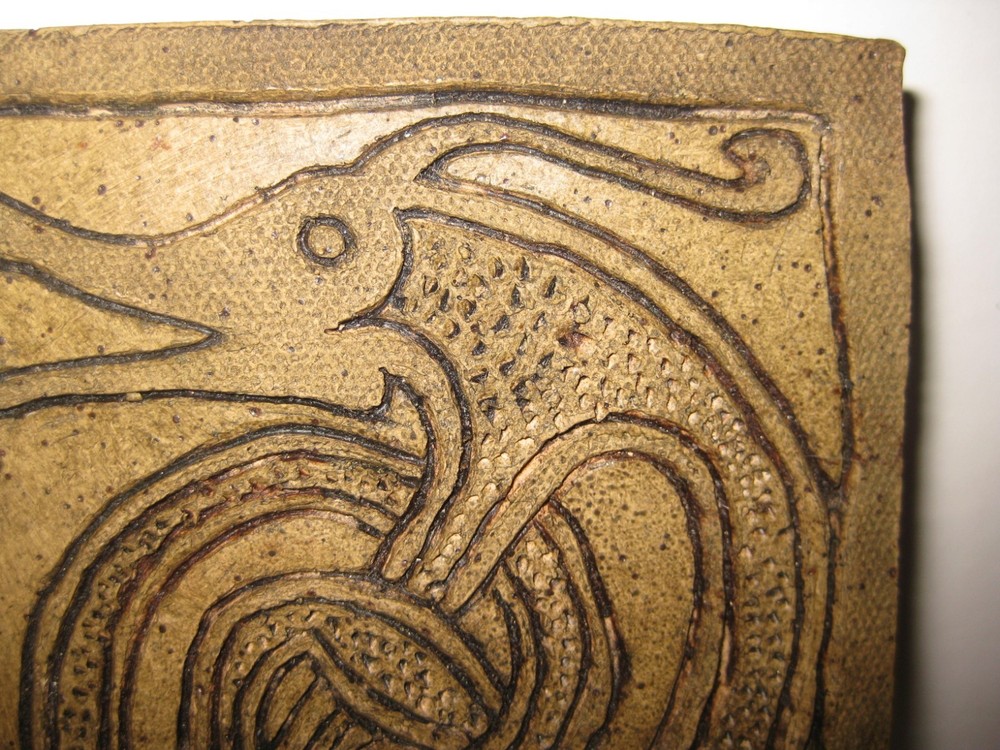 Rare mythical creature primitive earthenware tile incised sgraffito dragon 3 3/4