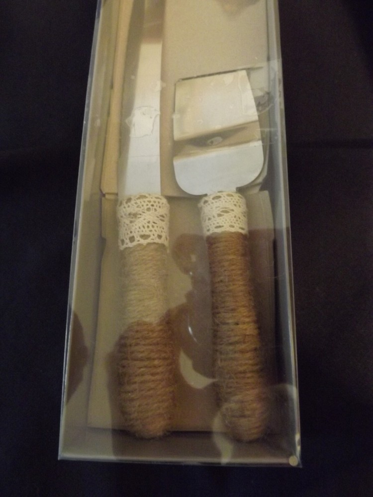 Studio His & Hers Rustic-Style Wedding Cake Knife & Server Set Jute Twine Lace