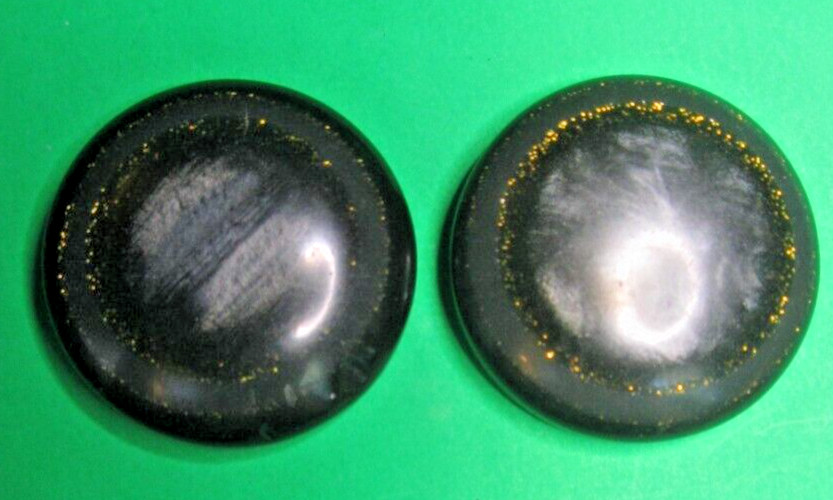 (2) VINTAGE 1" EMBEDDED GLITTER BLACK EARLY PLASTIC SHANK BUTTONS-E225
