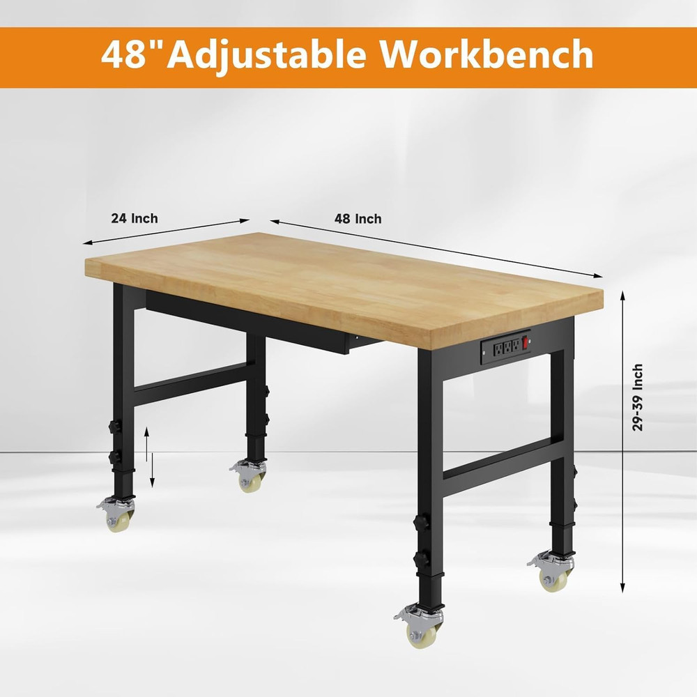 48" Heavy Duty Work Bench with Drawers, Adjustable Height Workbench with Wheels,