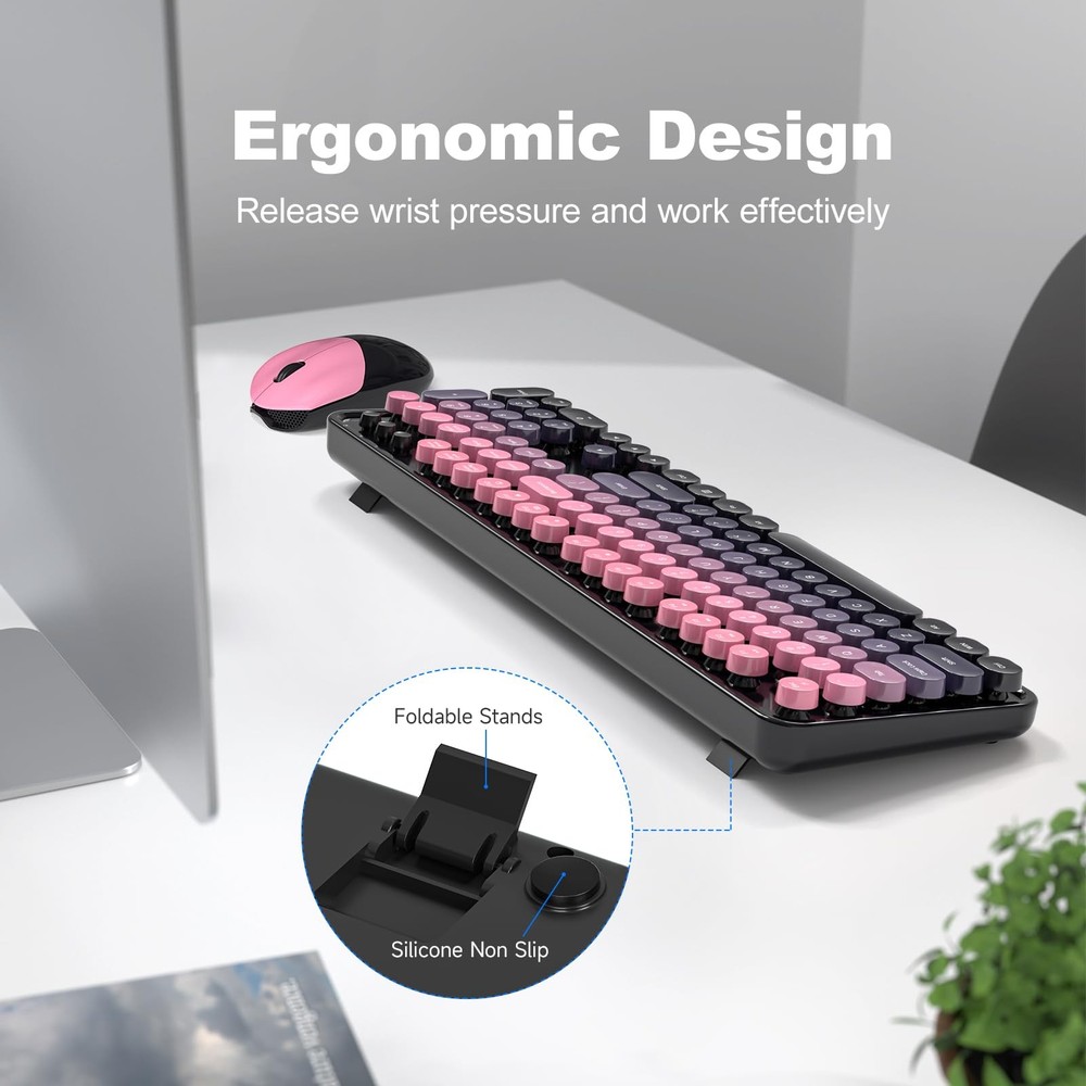 Berry Pink Wireless Keyboard Mouse Combo Retro Typewriter USB Windows