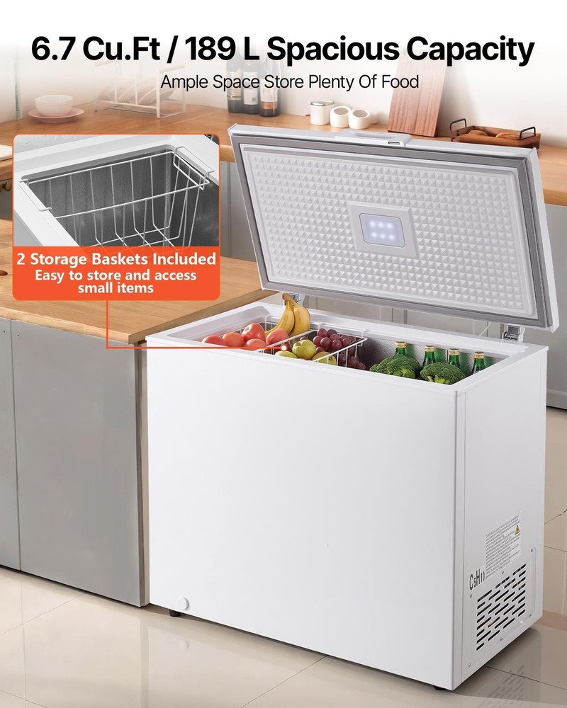 Energy-Saving Chest Freezer, 6.7 Cu.ft, Adjustable Temp, 2 Removable Baskets