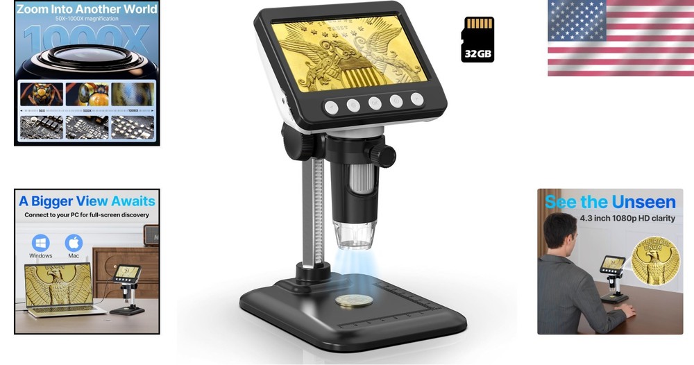 Versatile 1080P USB Digital Microscope with 4.3" LCD and 8 Adjustable LED Lights