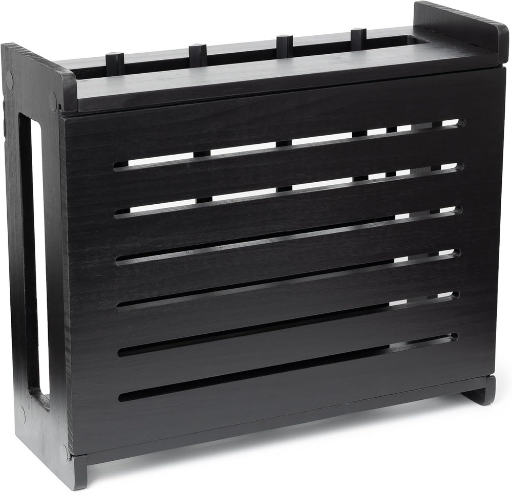 Wall-Mountable Wooden Router Storage Box with Cable Management - Black