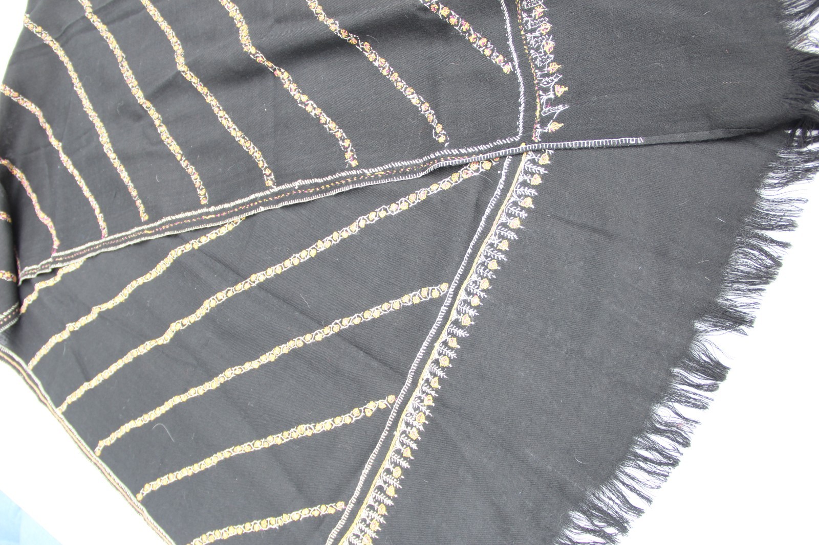 Wool Large Throw/Shawl Black Embroidered Trim and Fringe 76"x25"